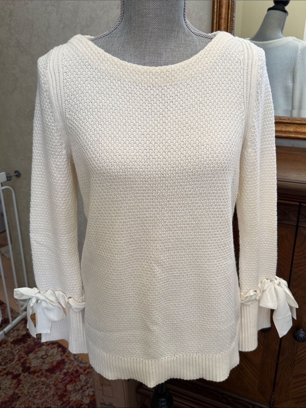 New without tag. Talbots Cream Crewneck Sweater with Bow Cuffs. Mp.